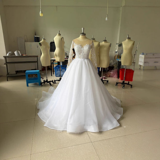 Embroidered Long Lace Sleeved Off-The-Shoulder Wedding Dress
