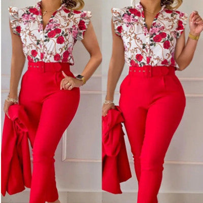 Women's Elegant Ruffled Sleeved Pants Suit With Belt