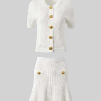 New Round Neck Metal Button Knitted Top Mid-Length Dress Set
