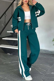 Women's Y2K Striped Zip Top Jacket Casual Sports Suit