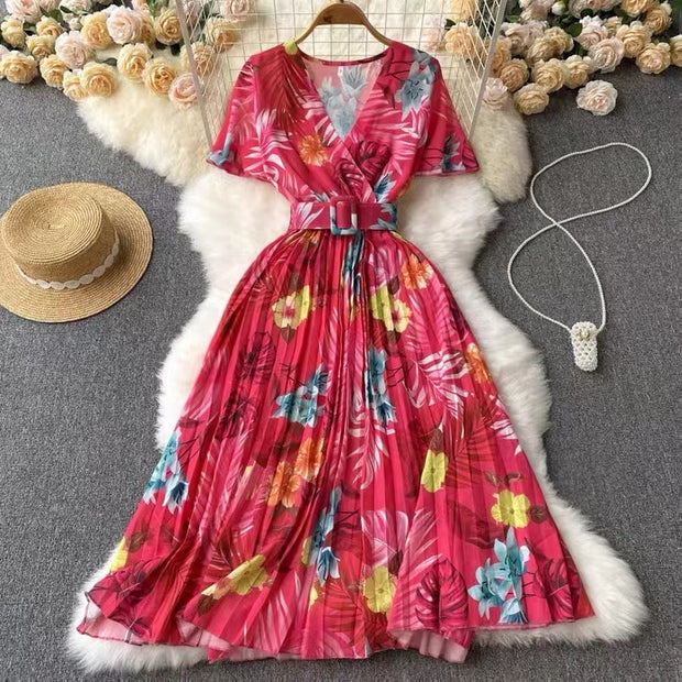 Women's Floral V-neck Waistband Tied Pleated Dress