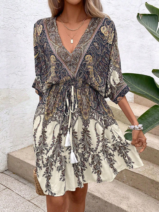 Paisley Print Batwing Tassel Dress