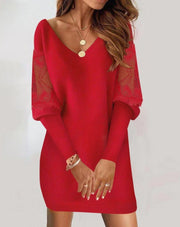 Lace Long-Sleeved V-Neck Splicing Dress