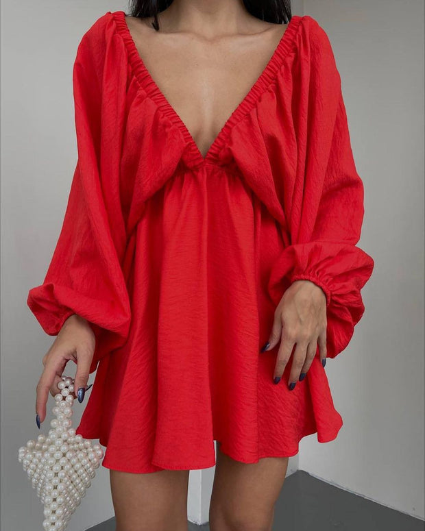 V-neck Lantern Sleeve Dress
