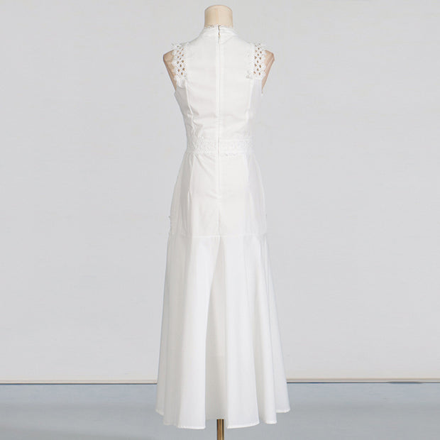 Round Neck Sleeveless Waist Lace Stitching Solid Color Dress